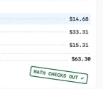 Locked receipt after the design loop: the totals clear, the stamp below them