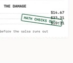 Locked receipt before the design loop: the MATH CHECKS OUT stamp printed across the per-person totals