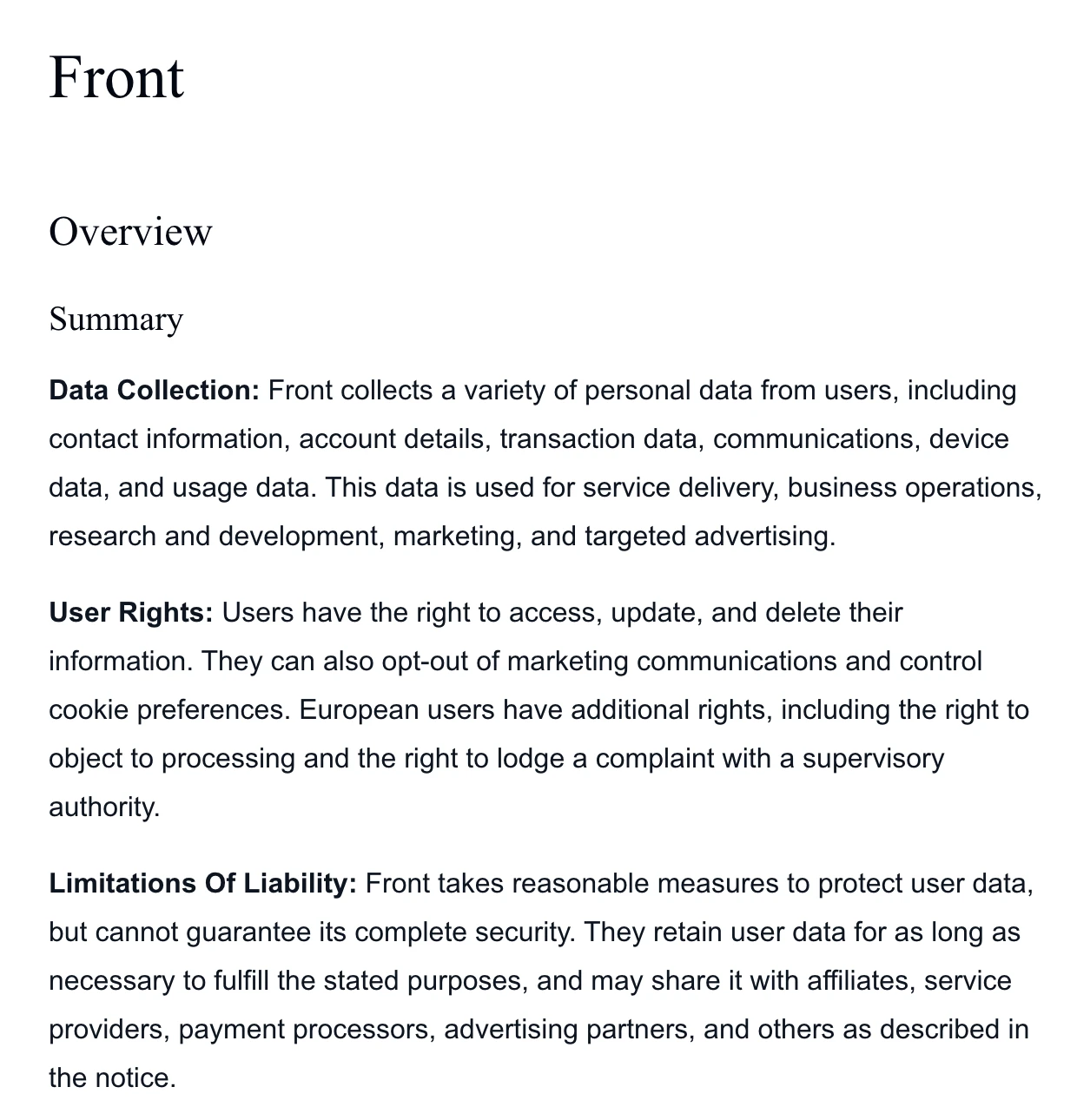 Front's privacy notice, last updated 5/28/2024
