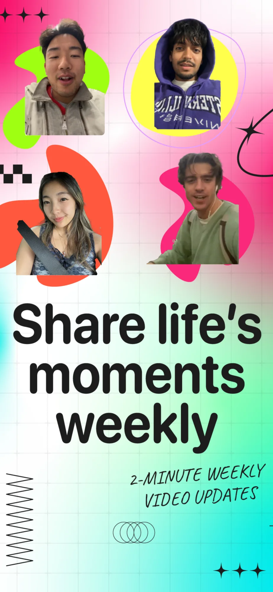 App Store screenshot: four friends' faces and the line Share life's moments weekly