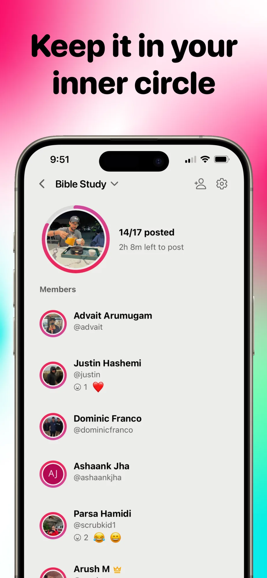 App Store screenshot: a Stack's member list under the headline Keep in the loop with your inner circle