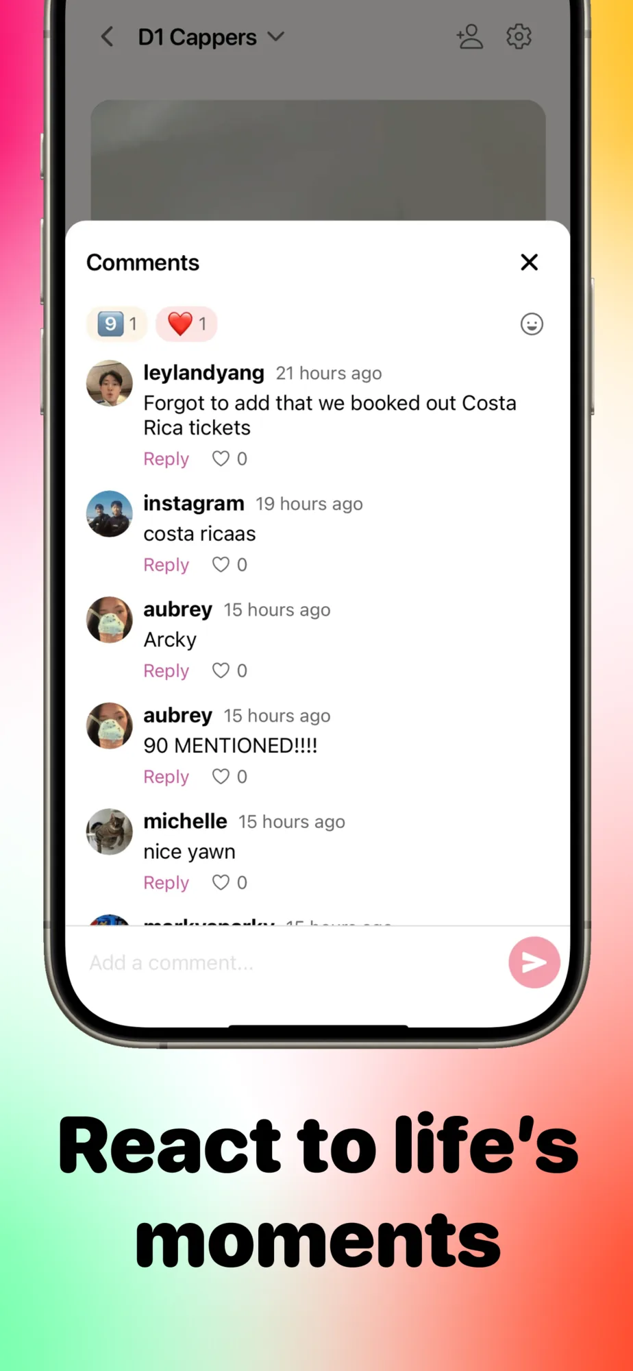 App Store screenshot of threaded comments and reactions under a waffle