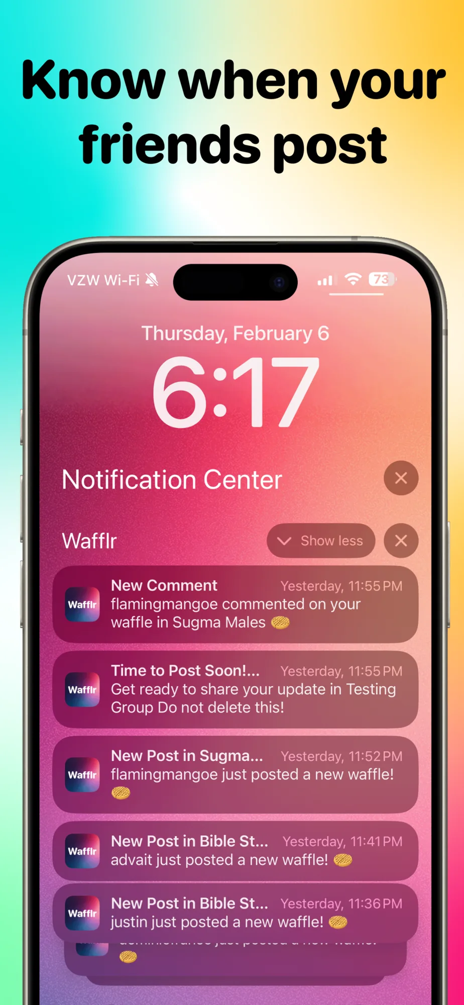 App Store screenshot of lock-screen notifications from Wafflr