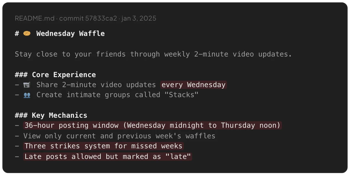 The first README, with every Wednesday, the 36-hour window, three strikes and late tags highlighted