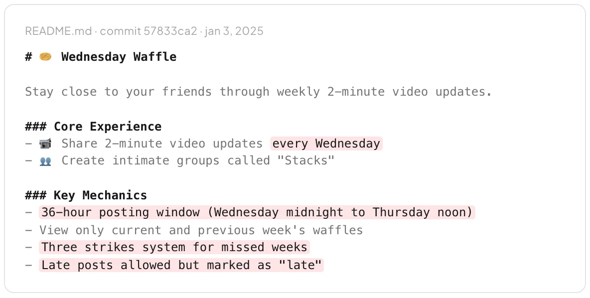 The first README, with every Wednesday, the 36-hour window, three strikes and late tags highlighted