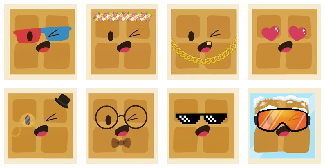 Eight alternate app icons in two rows: the waffle in 3D glasses, a flower crown, a gold chain, heart eyes, a monocle, nerd glasses, shades and ski goggles