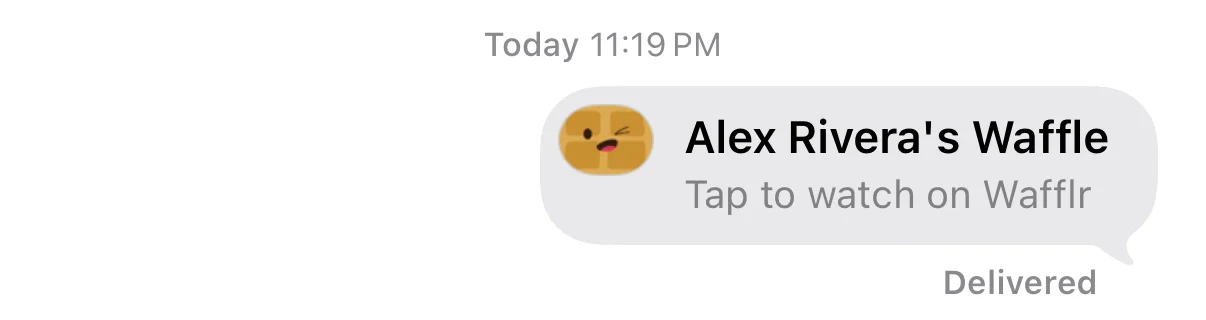 A Messages conversation with a sent card: Alex Rivera's Waffle, Tap to watch on Wafflr