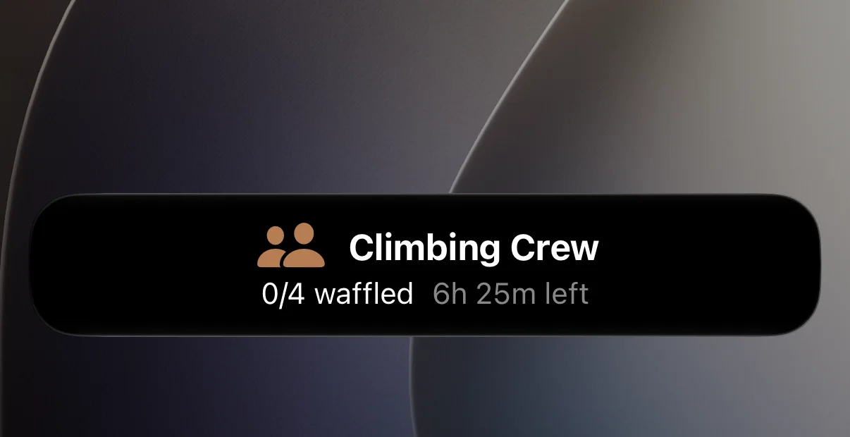 Bottom of the lock screen with a Wafflr Live Activity: Climbing Crew, 0/4 waffled, 6h 25m left