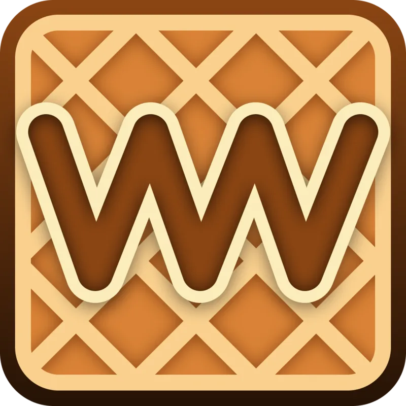 Logo one: a brown W cut into a golden waffle tile