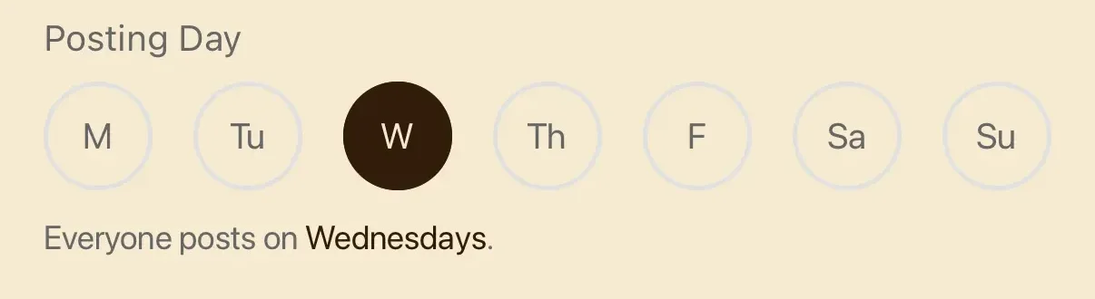 Stack settings: a row of weekday circles with W selected and the line Everyone posts on Wednesdays